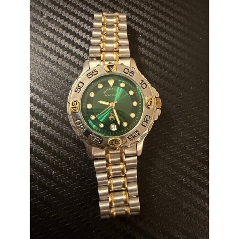 Beverly Hills Polo Club Mens Watch Two Tone Silver Gold Green Dial Date Window